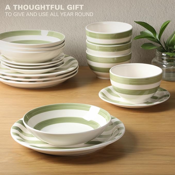 Gibson Home Kenwood Shores 16 Piece Dinnerware Set, Green Striped, Hand-Painted Stoneware, Plates and Bowls, Service for 4, Microwave & Dishwasher Safe - Image 4