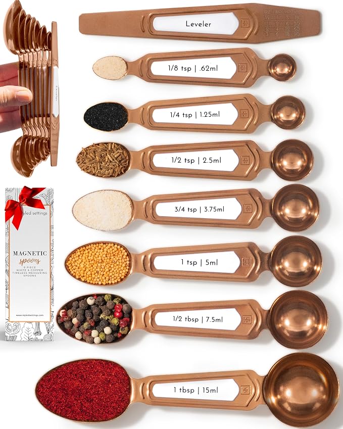Styled Settings Copper Measuring Spoons Set with Leveler, 8-Piece | Double-Sided Nesting Magnetic Measuring Spoons, Stackable & Spice Jar Friendly -Stylish Copper Kitchen Accessories for Baking by STYLEDSETTINGS