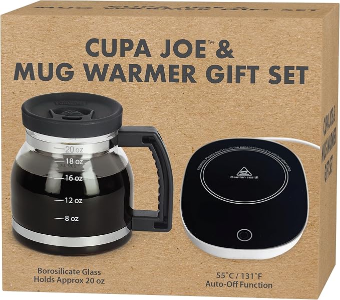 Funwares Cupa Joe Gift Set, 20 oz Glass Coffee Mug + Electric Mug Warmer | Keeps Coffee Hot All Day, One-Touch Warmer with Auto Shut-Off, Spill-Proof Lid, Borosilicate Glass, Desk & Office Gift by Funwares