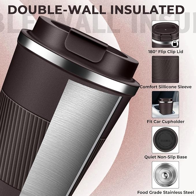 Insulated Coffee Tumbler 12 oz, Stainless Steel Coffee Mug with Lids, Travel Coffee Mug Leak Proof, Double Wall Vacuum Insulated Reusable Coffee Cup, Keep Drinks Hot and Cold, Dark Chocolate, 12 Ounce - Image 4