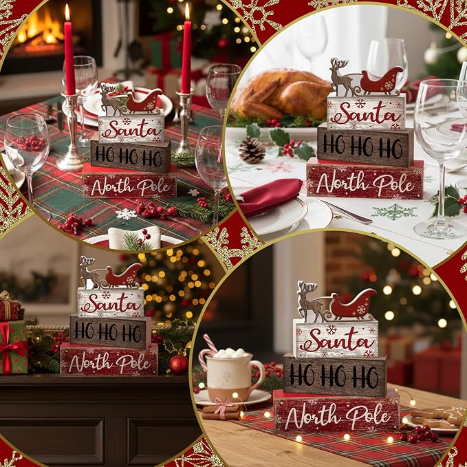 Moucuny 4 Pcs Reindeer Christmas Table Decor Wooden Reindeer Christmas Tiered Tray Decor Xmas Centerpiece Decorative Red Deer Pulled Sleigh Block Signs Gift Farmhouse Xmas Decoration for Home Kitchen - Image 5