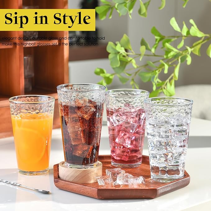 ALINK 16 oz Drinking Glasses, Set of 6 Hammered Glass Cups, Clear Heavy Base Stemmed Highball Water Glasses for Beer, Iced Coffee Cups, Cocktail Glasses, Wine, Iced Tea, Dishwasher Safe - Image 3