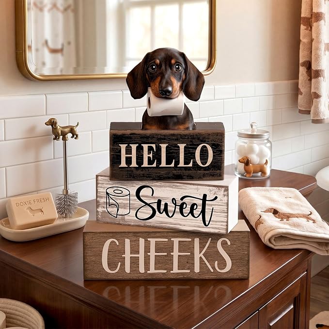 Moucuny 4 Pcs Dachshund Bathroom Decor Set Funny Toilet Wooden Tiered Tray Decor Farmhouse Dachshund Centerpiece Rustic Bathroom Shelf Decoration Hello Sweet Cheeks Decoration for Home Office - Image 2