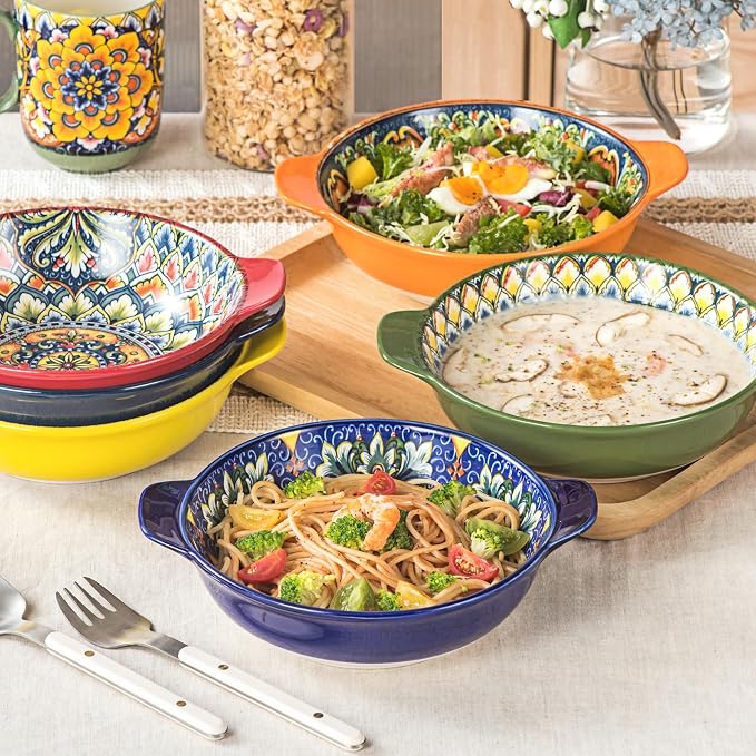 Henten Home Ceramic Pasta Bowls with Handle, Boho Salad Bowl Set of 6 | 25 oz for Cereal, Soup, Serving, Large Colorful Shallow Design, Microwave & Dishwasher Safe - Image 6