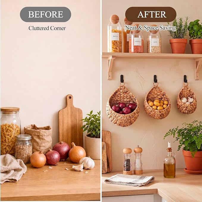 Honeydak Boho Decor Hanging Wall Baskets for Kitchen 3 Pack Teardrop Baskets with Hooks Storage Fruit Onion Vegetable Potato for Home 3 Sizes(Water Hyacinth,Teardrop,Jute) - Image 5