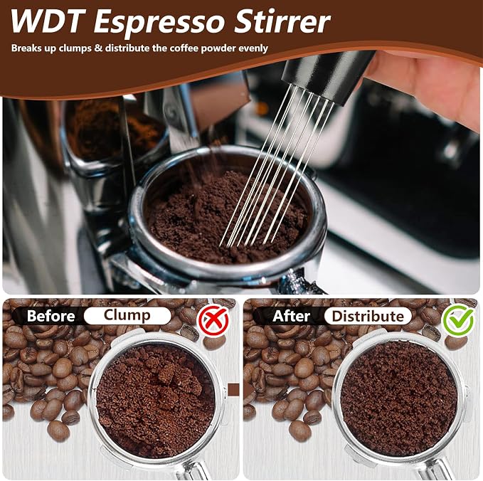 7 PCS Espresso Accessories,WDT Tool Espresso Machine Tamper Tools | Barista Tools Kit,Coffee Tamper with Wood Espresso Tamping Station,Distributor,Stirrer,Dosing Funnel,Brush,Puck Screen - Image 6