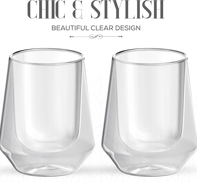 Elle Decor Double Wall Insulated Glasses - 8 oz Borosilicate Glass Sweat Free Mugs, Clear Drinkware for Hot/Cold Drinks, Coffee, Espresso, Cappuccino, Latte, 2- Piece Glass Cup Set