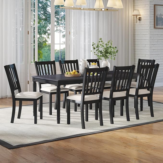 AMERLIFE 9 Piece Farmhouse Dining Table Set with 79" Rubberwood Table, Grey | Solid Rubberwood Frame, 8 Upholstered Chairs, Roman Conical Legs, Seating for 8 by AMERLIFE