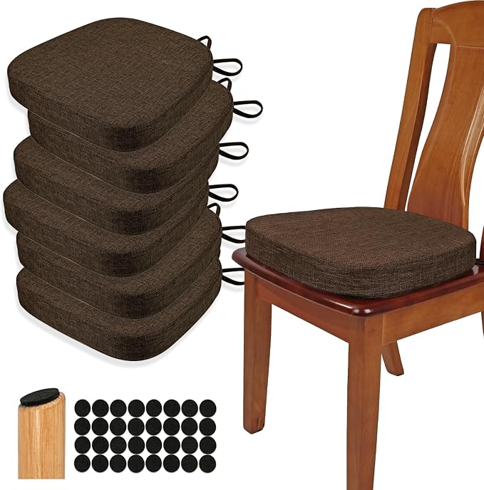 BUYUE Thickened 2.5" Dining Chair Cushions Set of 6, U-Shape High Density Foam Comfortable Chair Pads for Kitchen, Slip Resistant Indoor Seat Cushions (6 PCS, Chocolate) by BUYUE