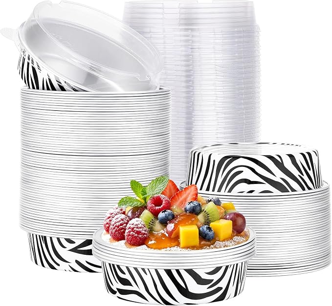 Beasea Disposable Cupcake Pans with Lids, 100 Pack 7.3oz Aluminum Baking Foil Tart Pie Tins, Small Round Tart Containers for Individual Dessert Muffin Cheesecake Quiche Oven Dishes - Zebra Stripes by Beasea
