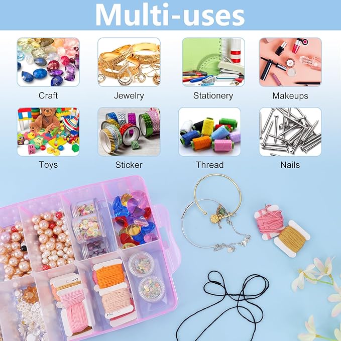 Large Stackable Craft Storage Containers, 3 Layers Hair Accessories Organizers Box with Adjustable Compartments, Plastic Bead Organizer Case for Art Supplies, Jewelry, Toys, Nail, Embroidery