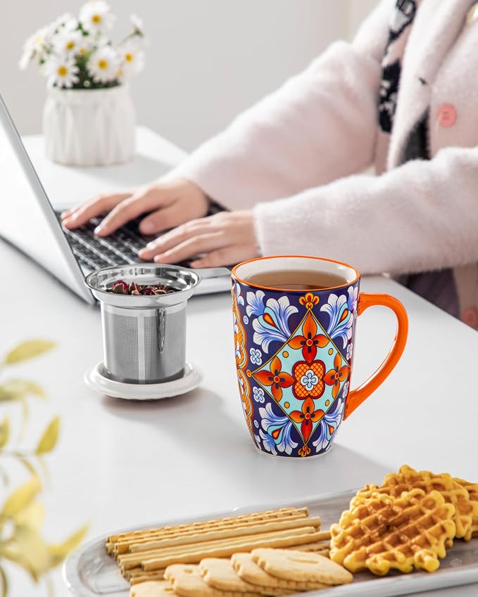 vancasso Ceramic Tea Mug with Infuser and Lid, 18 Ounce Bohemian Loose Leaf Cup, Microwave & Dishwasher Safe, Perfect for Tea, Coffee, Navy-Burnt Baroque - Image 6