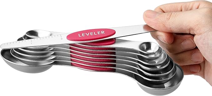Spring Chef Magnetic Measuring Spoons Set, Dual Sided, Stainless Steel, Fits in Spice Jars, Pink, Set of 8, 2 Pack