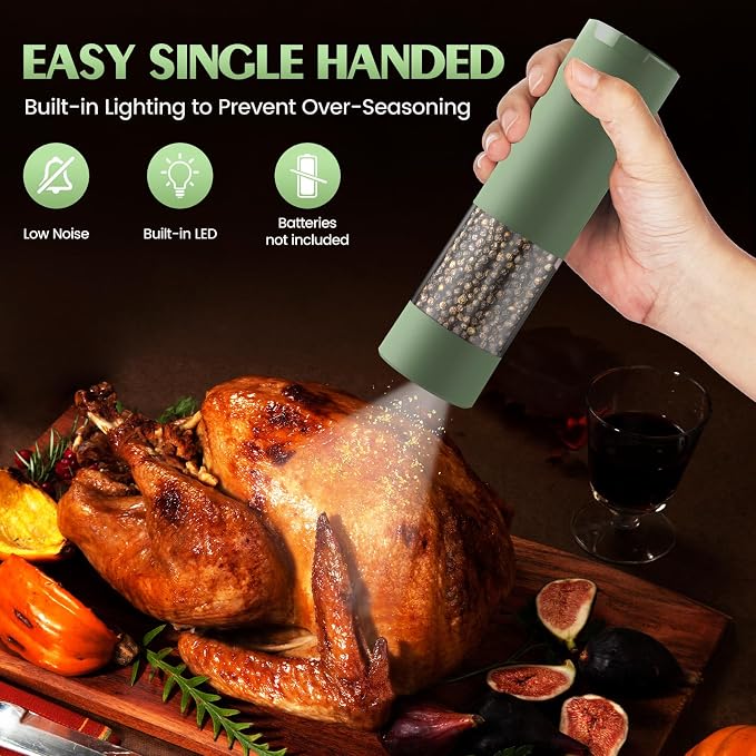 Salt and Pepper Grinder Set Mom Gifts, Electric Automatic Green Salt Pepper Shakers Home Kitchen Gadgets for New Home, Adjustable Coarseness Pepper Grinder Kitchen Appliances - Image 3