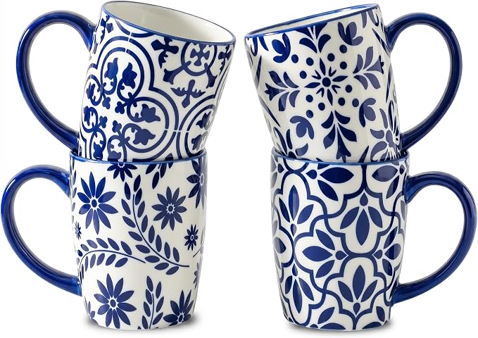 glowworm Coffee Mugs, 16 Ounce Ceramic Coffee Cups Set of 4, Blue & White | Large Latte Cups with Handle for Tea, Mocha, Milk, Perfect for Family Kitchen & Holiday Gifts, Dishwasher & Microwave Safe by GLOWWORM