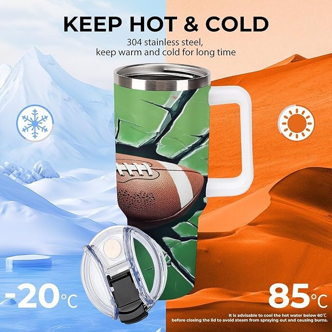 Football Impact on Cracked Glass Tumbler with Handle Insulated Water Travel Coffee Mug Bottle with Lid And Straw Stainless Steel Leak Proof Vacuum Insulated Cup 40 OZ