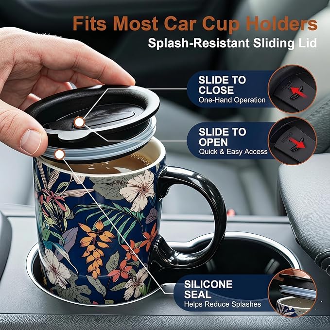 Topadorn 17oz Ceramic Travel Mug with Lid, Tropical Botanical Coffee Mug with Handle, Floral Ceramic Coffee Cup, Microwave & Dishwasher Safe, Gift Box Included - Image 3