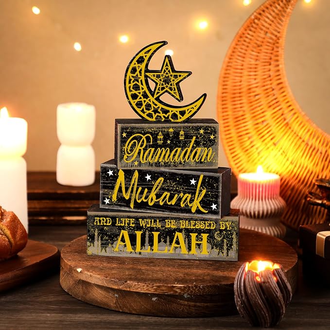 Moucuny 4 Pcs Ramadan Mubarak Table Decor Wooden Eid Mubarak Tabletop Signs for Home Black and Gold Muslim Islam Ramadan Mubarak Centerpiece for Islamic Gifts Kareem Home Table Decor - Image 2