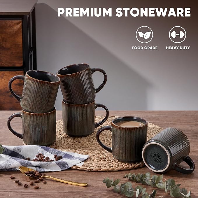 E-far 12 oz Coffee Mugs Set of 6, Stoneware Coffee Cups with Handle for Man Woman, Modern Ribbed Ceramic Tea Mugs for Latte Cocoa Milk, Microwave & Dishwasher Safe, Blackish Green - Image 3