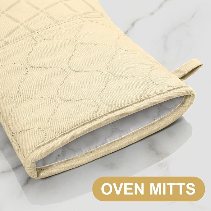 Oven Mitts Pot Holders Sets/Kitchen Towels and Dishcloths, Oven Gloves Kitchen Dish Towels 500 Degree Heat Resistant Potholders with Non-Slip Silicone Surface for Cooking, Grilling, Baking-Beige - Image 3