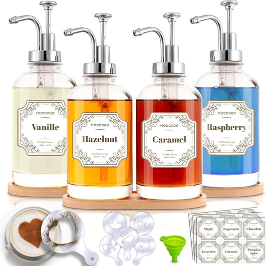 Glass Coffee Syrup Dispenser for Coffee Bar - Set of 4 Silver 16.9 oz / 500 ml Glass Syrup Bottles, Includes 2 Bamboo Trays, 16 Stencils, Labels, Coffee Bar Accessories