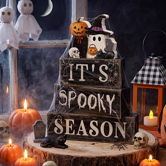 Moucuny 4 Pcs Halloween Table Decoration Pumpkin Ghost Wooden Stacked Block Decor, "It's Spooky Season" Centerpiece Signs, Rustic Gothic Halloween Tiered Tray Decoration for Home Office Kitchen Shelf - Image 2