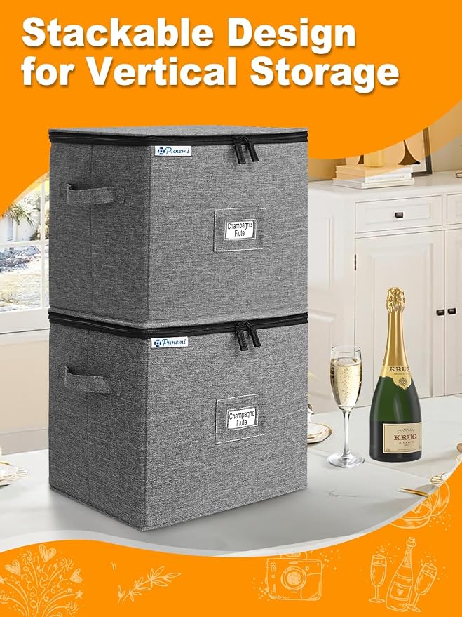 punemi Champagne Flute Storage Container, 2-Pack Hard Shell Wine Glass Box | Hard shell top, bottom and sides with dividers, stackable design for champagne flutes, white wine glasses and stemware - Image 5