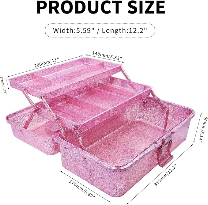 Saim Storage Bins,Three-Layer Multipurpose Art & Craft Storage Container,Carry Tackle Organizer,Medicine Cosmetic Art Supply Box for Art Supply Makeup Hair Accessories Painting Tools - Pink