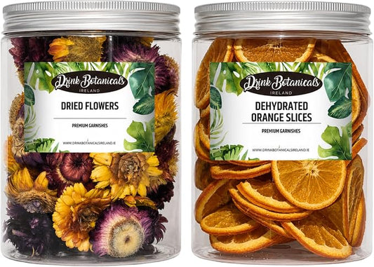 Edible Dried Mixed Flowers & Orange Slices Bundle, 100% Natural Garnish for Cocktails, Tea, Cake Decoration & Desserts, PET Jars, 7.05 oz Total by DrinkBotanicalsIreland