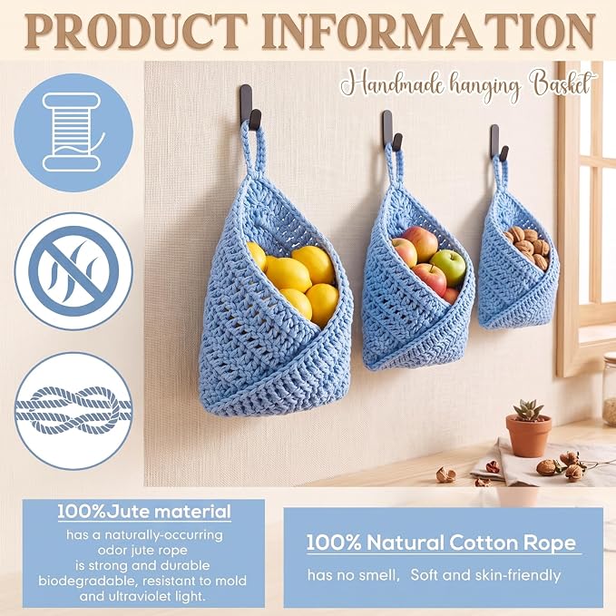 Honeydak Boho Decor Hanging Wall Baskets for Kitchen 3 Pack Teardrop Baskets with Hooks Storage Fruit Onion Vegetable Potato for Home(Light Blue,Triangle,Cotton Rope) - Image 6