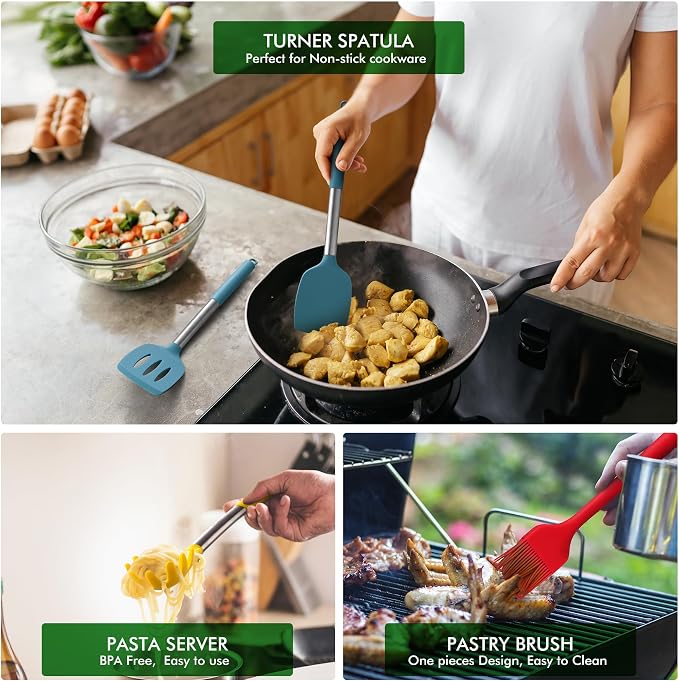 HOTEC 446°F Heat Resistant Silicone Kitchen Utensils, Cooking Utensil Set, Spatula Set, BPA Free, Kitchen Gadgets, Utensils Holder, Dishwasher Safe, 14pcs Multicolor - Image 3
