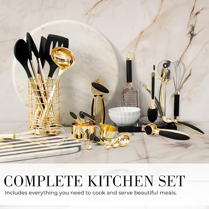 Styled Settings Black and Gold Kitchen Utensils Set, 23-Piece | Stainless Steel, Silicone, 23-Piece Kitchen Accessories Includes Gold Measuring Cups, Spoons, Cooking, and Kitchen Decor - Image 6