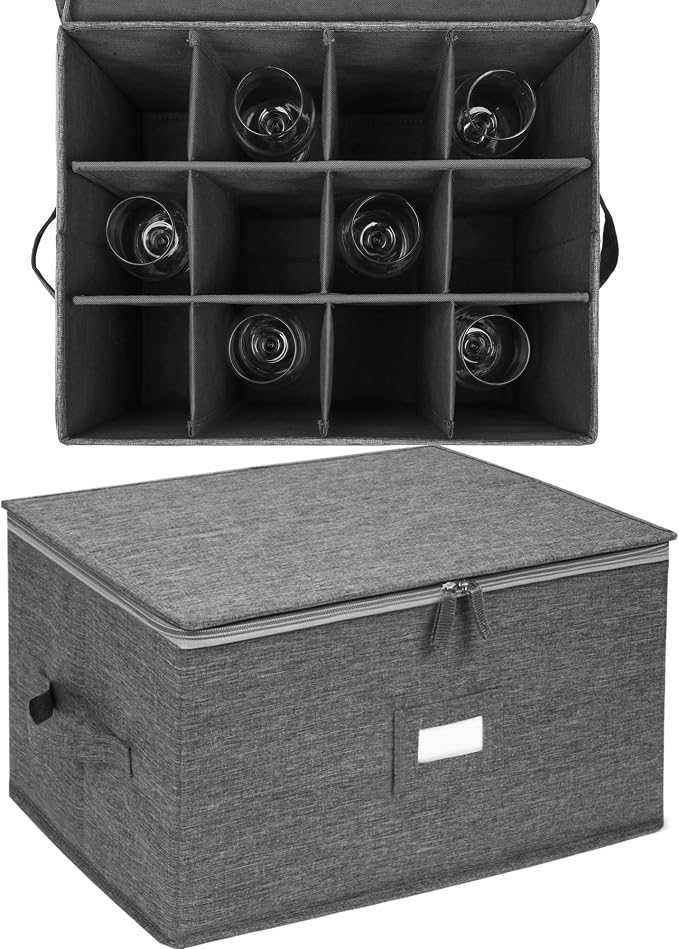 Stemware Storage Cases, Wine Glass Storage Box Containers for Crystal | Glassware Storage Containers Holds 12 Red or White Wine Glasses, Hard Top and Sides (Grey) - Image 4