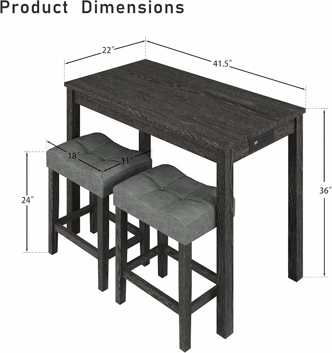 allamazing 3-Piece Counter Height Bar Table Set with Socket and 2 Fabric Padded Bar Stools, Tall Kitchen Breakfast Dining Table Set with Stools (1+2 Black) - Image 2