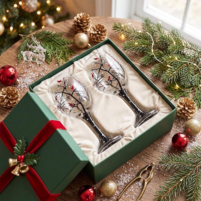 Yungyan Set of 4 Christmas Stemmed Wine Glasses Hand Painted Cardinal Winter Scene 15 oz Holiday Wine Goblets for Festive Dining Table Decor Stemmed Glassware Set for Seasonal Gifting and Party - Image 3