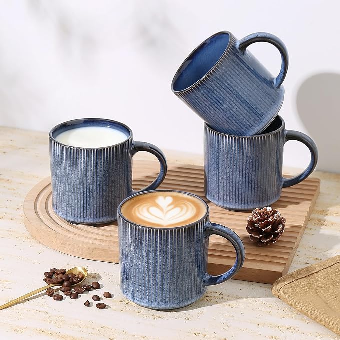 MONITO 16Oz Coffee Mugs Set of 4, Rustic Ceramic Coffee Cups Set with Large Handle, Vintage Striped Stoneware Coffee Mugs for Latte, Cocoa, Tea, Milk, Microwave & Dishwasher Safe, Deep Blue - Image 6