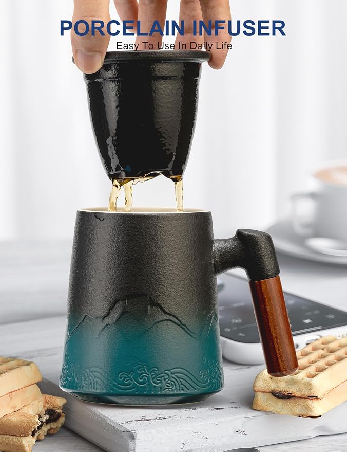 suyika Tea Cup with Infuser and Lid, 15.2 Ounce Wood Handle Ceramic Loose Leaf Mug Gradient Black&Green 450ml - Image 5