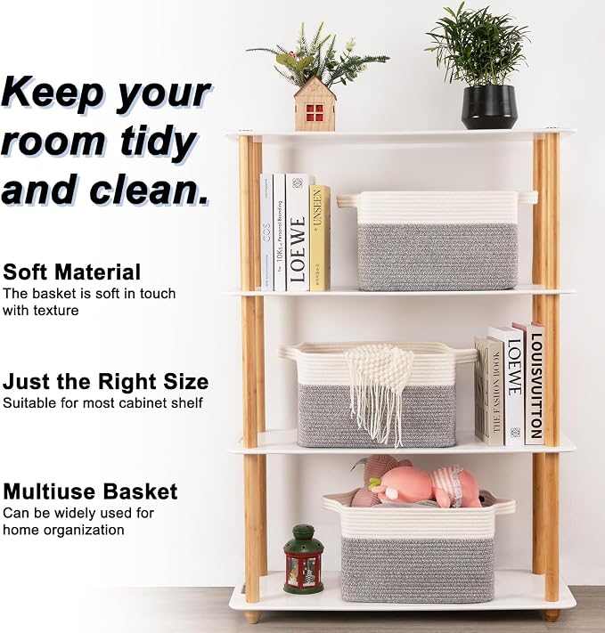OIAHOMY 3 Pack Storage Basket for Organizing, 13''X9.85''X8.7'' Storage Bins,Woven Basket Basket with Handles, Toy Storage Basket Bin,Stylish Room Decor Basket, White & Grey variegated - Image 2