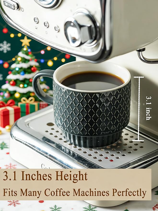 Gomakren Coffee Mugs Set of 4, 13oz Stackable Coffee Cup with Stand, Grey | Stackable Space-Saving, with 4 Spoons | Textured Grey Grid Stoneware Dishwasher Safe, for Coffee Milk Tea Cocoa & Gifting Use - Image 2