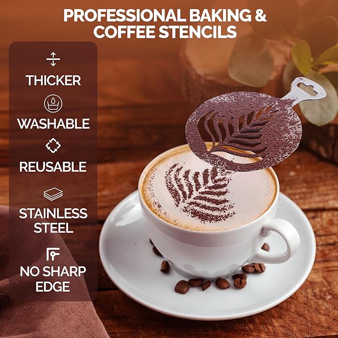 5Pcs Stainless Steel Reusable Metal Coffee Stencils for Latte Art Coffee Decorating Kit - Cookie Stencils for Royal Icing - Metal Baking Stencil Christmas- Cake Decorating Kit
