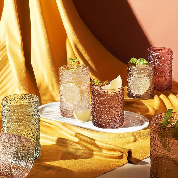 Hobnail Highball Glasses, Vintage Beaded Tumblers Set of 12, 14 & 11 oz | Vintage Beaded Design, Embossed Bubble Texture, Comfortable Grip, Ideal for Water, Whiskey, Cocktails, Wine & Mixed Drinks, - Image 9