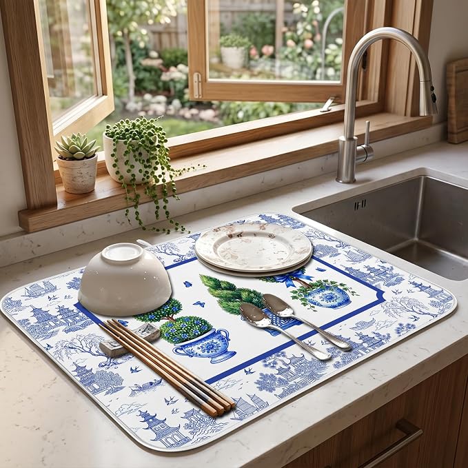 Chinese Blue White Dish Drying Mat for Kitchen Counter Coffee Bar 18x24 in | Chinese Aesthetic Non Slip Absorbent Kitchen Dishes Drainer Mat, with Anti-slip Rubber Backing & Hanging Loop, for Sink - Image 5