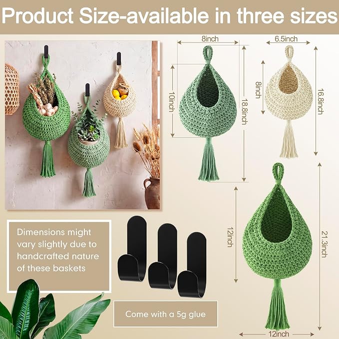 Honeydak Boho Decor Hanging Wall Baskets for Kitchen 3 Pack Teardrop Baskets with Hooks Storage Fruit Onion Vegetable Potato for Home 3 Sizes(Sage Color Palette,Tassel,Cotton Rope) - Image 2