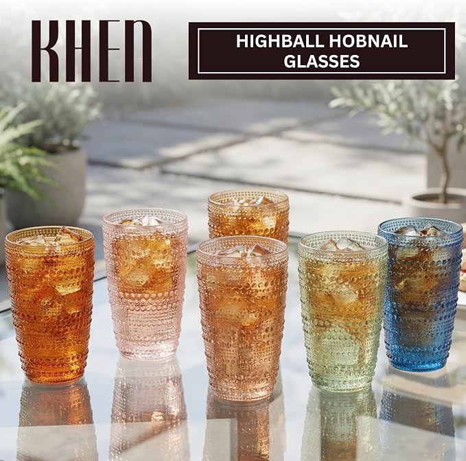 Khen Beaded Highball Tumbler Drinking Glasses Set | Set of 6 | Vintage Hobnail Bubble Design Whiskey Glassware, Old-Fashioned, Art Deco Glass for Water, Wine, Cocktail Dishwasher Safe (14.6 OZ) - Image 2
