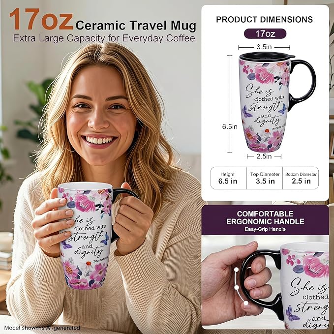 Topadorn 17oz Ceramic Travel Mug with Lid, Inspirational Floral Coffee Mug | Pink Ceramic Travel Cup with Handle for Women, Microwave & Dishwasher Safe, Gift Box Included - Image 6