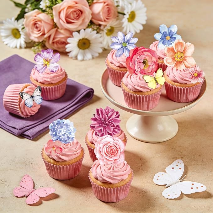 138pcs Edible Flower Butterflies Cake Topper Wafer Paper Flower Cupcake Toppers Mixed Size Hawaiian Flower Cake Decorations for Tropical Luau Birthday Baby Shower Party Supplies - Image 4
