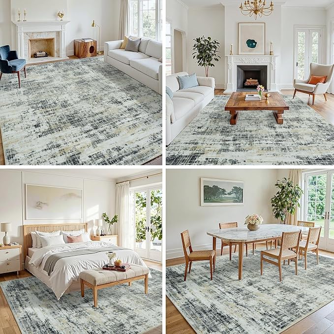 10x14 Washable Area Rug for Living Room Bedroom: Non-Slip Modern Black Gray | Machine Washable TPR Backing, Stain-Resistant Low Pile, Pet & Kid Friendly, Abstract Decor for Dining Room, Dorm, Home Office - Image 3