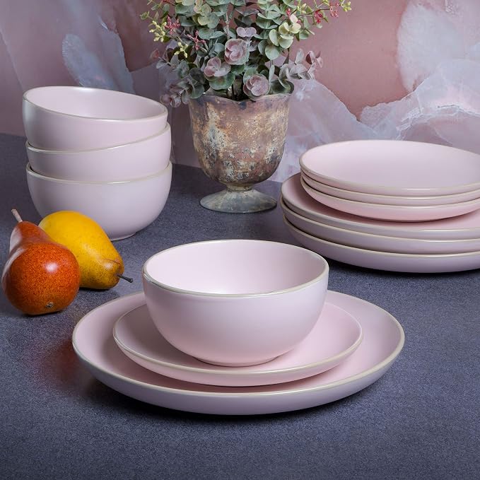 Gibson Home Rockaway 12-Piece Round Stoneware Dinnerware Set, Service for 4 – Pink Plates and Bowls, Modern Matte Finish, Microwave & Dishwasher Safe - Image 5