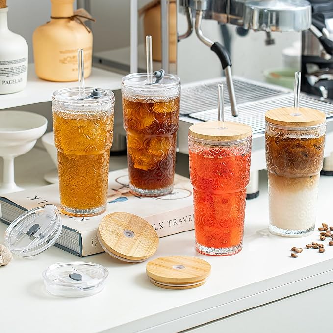 SoulTimes 20oz Begonia Flower Glass Tumbler with Bamboo Lid and Straw–Iced Coffee Glasses Cups for Smoothie, Matcha, Juice, Water etc. Leakproof and Reusable Glassware Drinking for Travel To Go [4Pcs] - Image 2