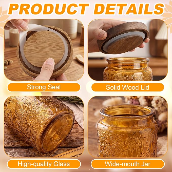 LemonRoad 2 Pcs Vintage Brown Glass Storage Jars 23.7 oz Mason Jar Canister with Wood Lids Food Storage Container for Cookie, Pantry, Candy Kitchen, Coffee, Tea, Flour, Sugar, Decorative Home Decor - Image 3